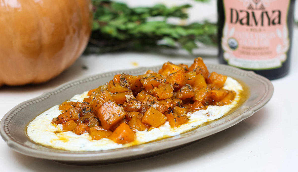 Roasted Spiced Pumpkin on Whipped Feta with DAMYA Biodynamic Olive Oil