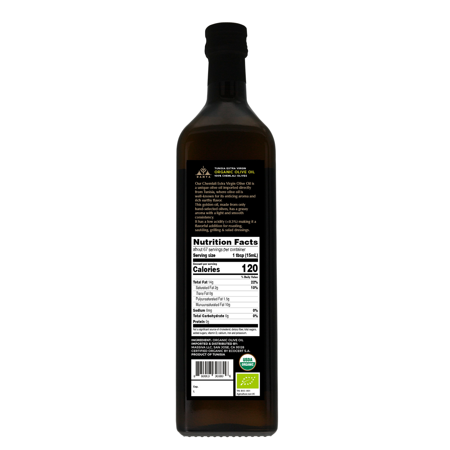 Damya Organic Extra Virgin Olive Oil 1L Back